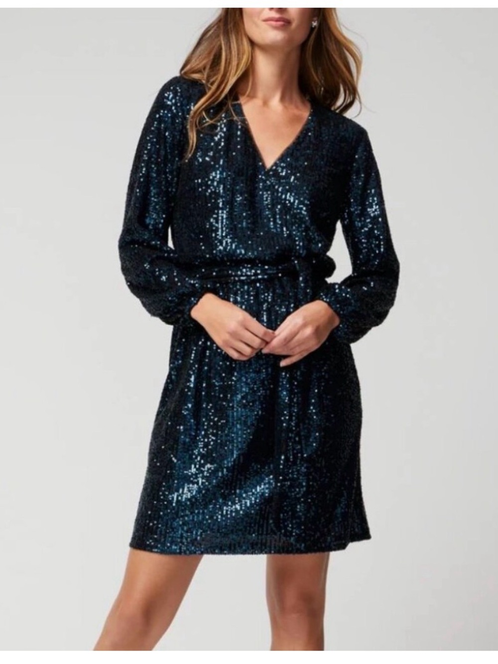 White House Black Market Navy Sequin V-Neck Long Sleeve Dress